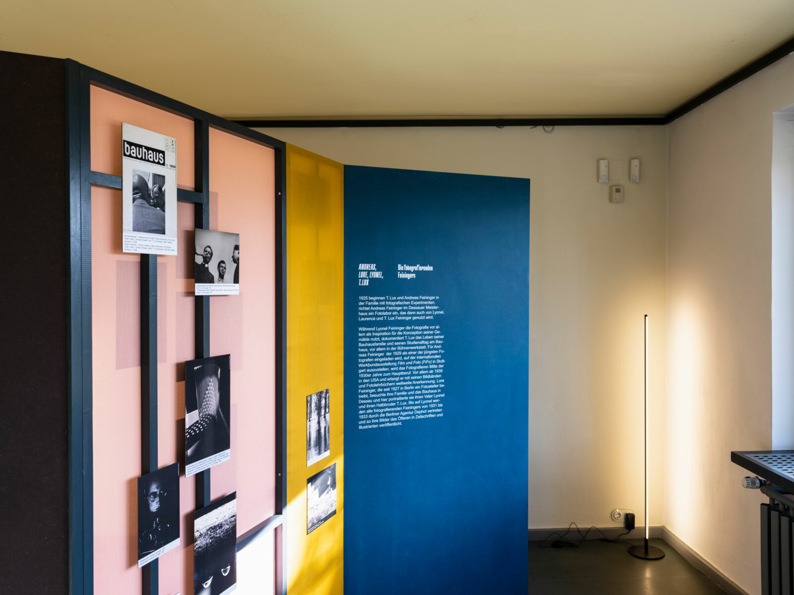 Exhibition walls covered with pink and yellow fabric bear photos and an explanatory text.